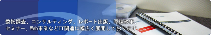 委託調査、コンサルティング、レポート出版、原稿執筆、セミナー、Web事業などIT関連に幅広く展開しております。